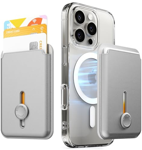 Sinjimoru MagSafe Wallet, Magnetische Kartenhalterung für bis zu 3 Karten mit Schnellzugriff per Knopfschieber, kompatibel mit iPhone 12–17, M-Viica Button Wallet Silber