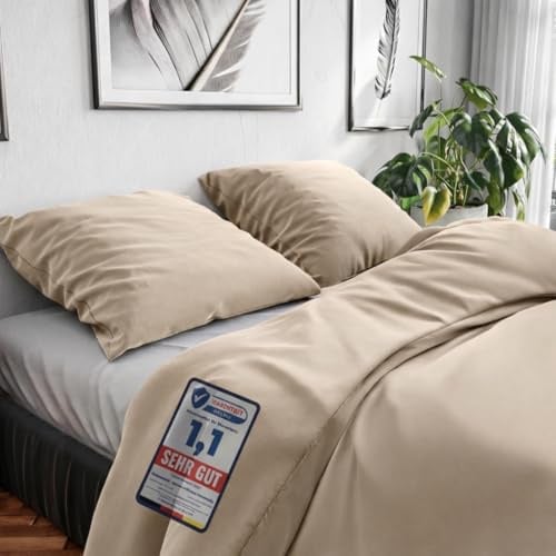 Wolkenfeld Bettwäsche 200x220 Baumwolle Reforcè Oeko-TEX – Bettwäsche-Sets Mit Bettbezug 200x220 2 Kissenbezug 80x80 – Atmungsaktiv & Pflegeleicht – Bettwäsche Mit Reißverschluss – Beige