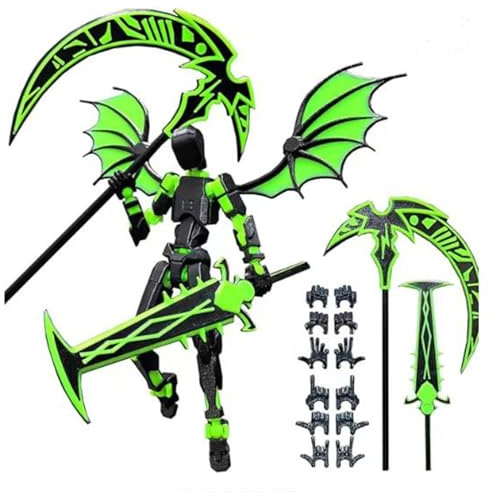 WANGHONGGOGO T13 Actionfigur, 3D gedrucktes Actionfiguren Set, mehrgelenkiges Actionfiguren mit 2 coolen Waffen und 6 Händen und Flügeln Kinder Glücksgeschenk Desktop Ornament ((Schwarz und Grün))