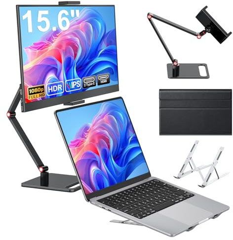 HONGO 15,6 Monitor Portatile,1080 FHD Plug&Play Schermo Portatile con Supporto, 125% sRGB Monitor Portatile per laptop, Tipo C HDMI Monitor esterno portatile, Compatibile con PC Mac PS4 PS5 Xbox