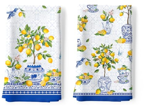 Arquiel Sommer Zitronen Geschirrtücher 100% Baumwolle 4er-Set 48 x 70 cm | Geschirrtücher aus 100% Baumwolle, Motiv: Sommer Zitronen; saugfähig und pflegeleicht zum Abtrocknen in der Küche.