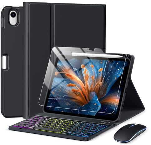 drivego Tastatur Hülle mit Maus for iPad A16 11/10 Generation & Schutzfolie | (11/10.9 Zoll, 2025/2022), Bluetooth Magnetisch Beleuchtete Tastatur, Hülle mit Panzerglas for iPad 11. 10. Gen, Schwarz