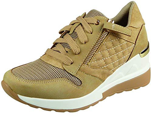 LoudLook Ladies Wedge Trainers Womens Lace Up Comfy Classic Pumps Sneakers Shoes Size Beige 4