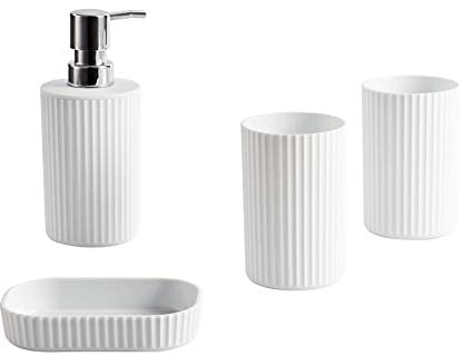 iTrend 4pc Bathroom Accessories – Decoration Set – Soap Dish, Soap Dispenser Pump and Tumbler Cup(2pcs) for Toothbrush Holder - Matt White