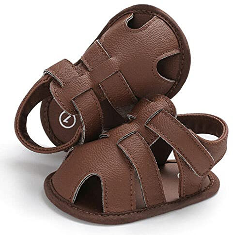 Chaussures Bébé Garçons Fille Été Antidérapant Sandales de Plage en Cuir Chaussures Bout Ouvert Semelle Souple pour Nouveau-né Chaussures Nu-Pieds Premier Pas Décontracté (Brun, 12-18 Mois)