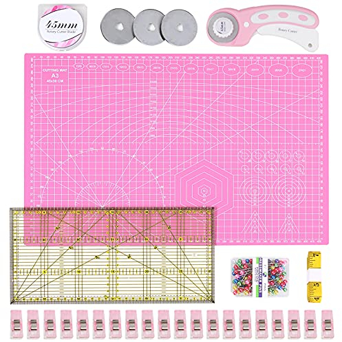 INTLMATE A3 Cutting Mat Set Fabric Cutter Tool Kit Including 17inches self-Healing Cutting mat,45mm Rotary Cutter with 3 Replacement Blades,Acrylic Quilting Ruler,Patchwork Ruler,20 Clips,100 pins