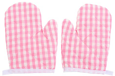 Angoily 2PCS Kids Oven Mitts, Kitchen Baking Mitts for Kids, Heat Resistant Microwave Oven Gloves for Cooking Baking Kitchen Microwave Pizza (Pink Checkered)