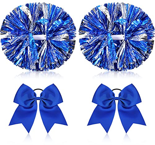 Canlierr 4 Pcs 14 Cheerleading Pom Poms with Hair Bows, Blue