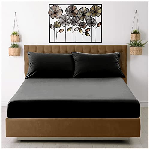 GC GAVENO CAVAILIA Microfiber Fitted Sheet Double - Plain Bed Sheets - Deep Pocket 10 inch (25cm) - Shrinkage, Fade & Wrinkle Resistant Bottom Sheet, Black to Mattress (137x193 cm) - Machine Washable