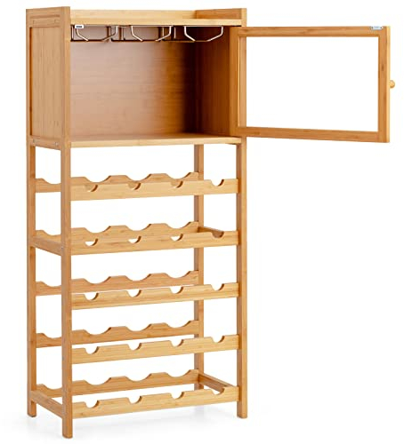 COSTWAY Weinregal für 20 Flaschen, Flaschenregal aus Bambus, Weinschrank mit Glas-Aufhänger & Magnettür…, 47 x 27,5 x 100 cm (L x B x H)
