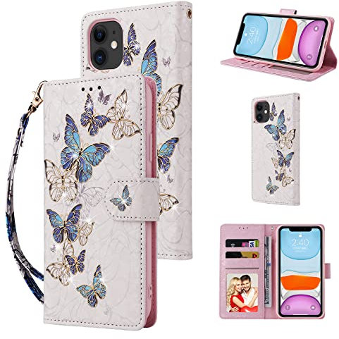 UEEBAI Wallet Case for iPhone 11, PU Leather Phone Case Kickstand RFID Blocking Flip Case with Card Slots Wrist Strap Relief Engraved Pattern Magnetic Closure Folio Case - Blue Butterfly
