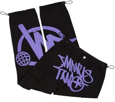 Men's Jeans Uomini Grunge Hip Hop Pantaloni Larghi Uomini Minus-Two-Cargo Men's Jeans Denim Pantaloni Neri Harajuku Hip Hop Gotico Pantaloni a Gamba Larga Streetwear(Color:Black - Purple,Size:S)