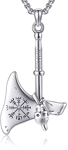 VENACOLY Viking Axe Pendant Necklace Sterling Silver Skull Necklace Nordic Jewelry for Men and Women, Fathers Day,Birthday