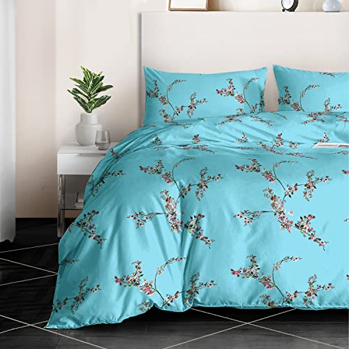 RAYBedding 3PCS King Size Duvet Cover Set 100% Egyptian Cotton Bedding King Size Bed Set 400 Thread Count Floral Printed Sky Blossom Duvet Cover King with Pillow Cases 2 Pack