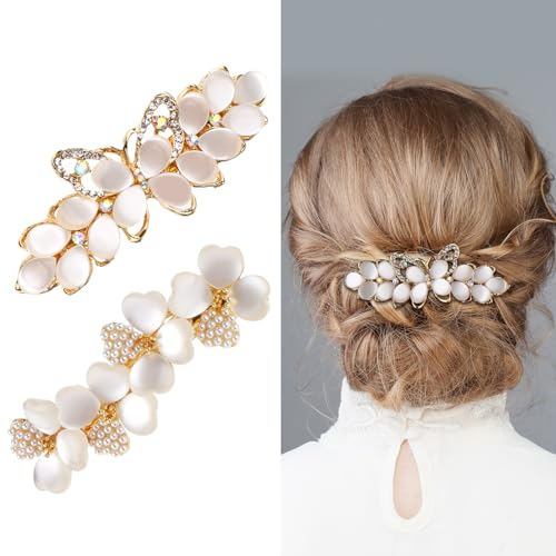cobee Lot de 2 barrettes à cheveux en forme de fleur avec strass et perles - Épingles à cheveux vintage de mariage avec pince à ressort - Accessoires de coiffure pour femme - Demoiselle d'honneur