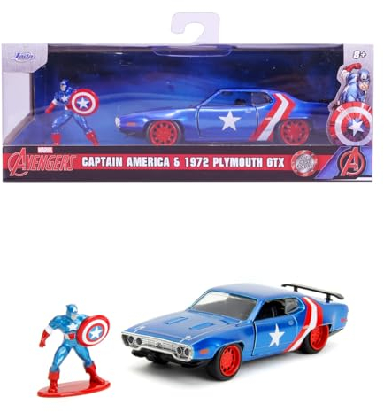 Jada Toys - Marvel Captain America 1971 Plymouth GTX inkl. Captain America Figur, Modellauto aus Metall, 1:32, Türen zum Öffnen, 13,5 cm, für Fans und Kinder ab 8 Jahre