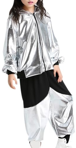 Yyyuluo Mädchen 2Teilig Hip Hop Klamotten Kostüm Kinder Straßentanz Outfit Jungen Pailletten Tanz Ballroom Jazz Kleidung Oberteil Hose Tanzbekleidung Kostüm-Sets, Silber 160cm (Kleinere Größen)