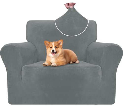 CYCMACO Samt Sofa Überzug 1 Sitzer, Sesselhusse Elastische, Couch Überzug Haustier Katze Hunde, Universal Sofa Cover Moderne, Sofahusse Mit Armlehnen, Sofaschoner rutschfest, Hellgrau