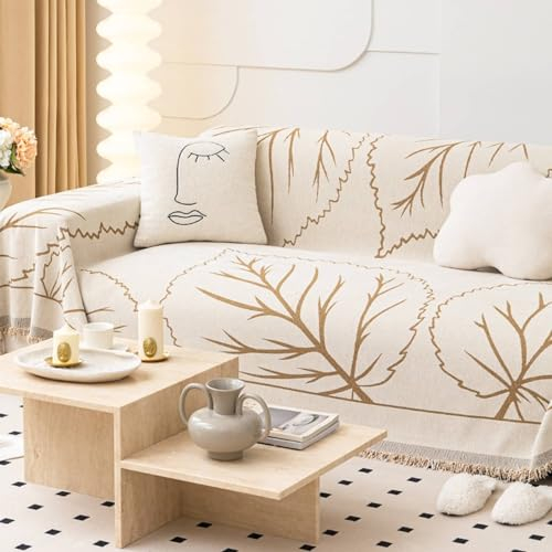 KnSam Home Sofaüberwurf, Blatt Sofahusse 2 Sitzer mit Quaste, Waschbarer, Kratzfester rutschfest Sesselbezug Hund Chenille Anti-Rutsch-Couch (180x180CM, Khaki)