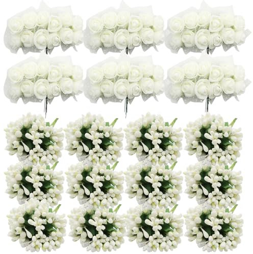 BORISCA 216Pzs Fiori Finti Piccoli Set, 72Pz Rose Finte per Decorazioni e 144Pz Pistilli Artificiali, Bianche Rose Artificiali Fiori Decorativi con Rete di Garza, Fiori per Bomboniere Fai Da Te
