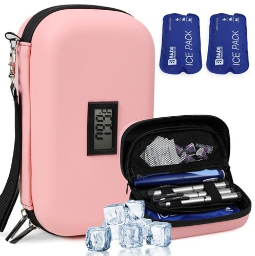 HIMDUZE - Funda de viaje con enfriador de insulina, aprobado por la TSA portátil con aislamiento para diabéticos con visualización de temperatura del termómetro, organizador de medicamentos, Rosado,
