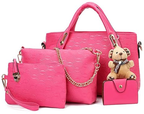 Linzrcrry Borsa Donna Borsa a Mano Donna Moda Borsa Spalla Tote in Pelle PU Elegante Set Borse 4 Pezzi Con il fascino dell'orso per Lavoro Shopping (Rosa)