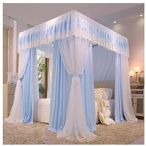 Blau-weißes Bettmarkisen-Moskitonetz für EIN Queensize-Einzelbett, dekorativer Bettvorhang für Schlafzimmer für Erwachsene und Mädchen, mit Metallhalterung (Größe: 180 x 200 x 210 cm)