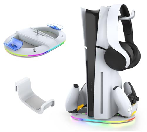 AriKroii Supporto Verticale per PS5 Slim/PS5 Pro con Doppio Caricatore Controller,Caricatore Joystick per PS5,Base ps5 slim con 14 Luci LED RGB,per PS5 Slim Disc/Digital Edition