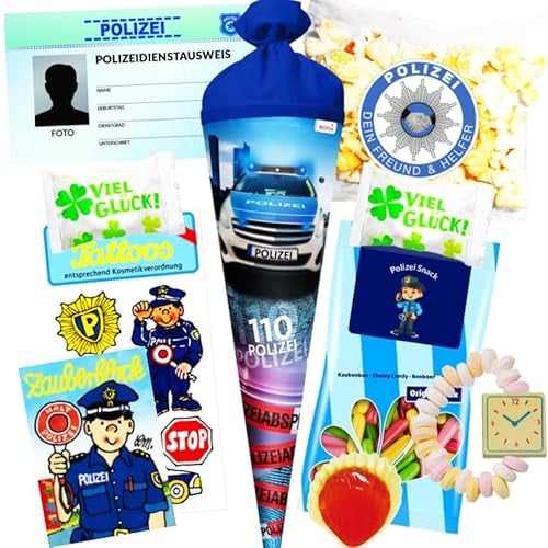 Schultüte Jungen Polizei gefüllt - 35 cm Schultüte klein mit Süßigkeiten & Spielzeug- Zuckertüte mit Polizei Schultüte Füllung - Geschwister Schultüte für den perfekten Schulstart