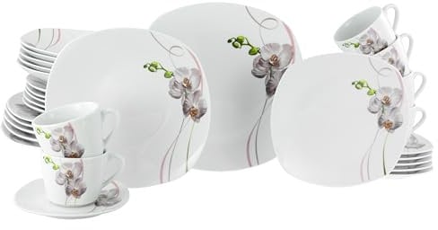 CreaTable, 24026, Serie Square Orchidee, 30-teiliges Geschirrset für 6 Personen, Kombiservice aus Porzellan, spülmaschinen- und mikrowellengeeignet, Qualitätsproduktion
