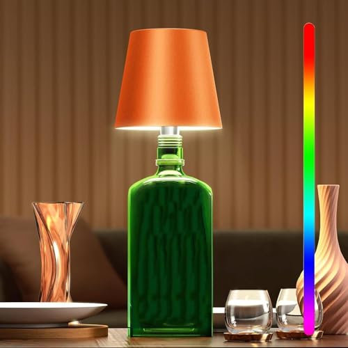 Asslye Pridola Wireless Bottle Lamp, RGB Light Modes & 3 Color Bottle Lights, Touch Dimmable with Stepless Brightness Control, Metal Wireless Wine Bottle Lampshade for Bars Restaurants (Orange)