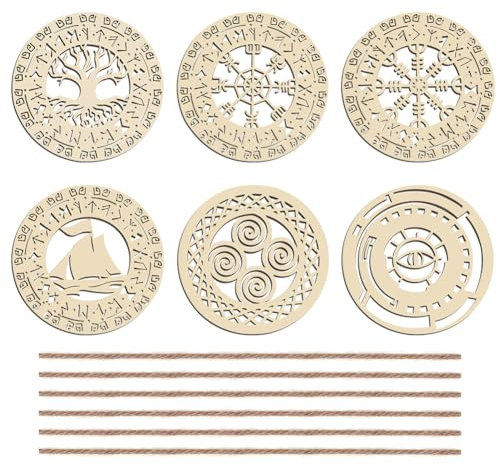 FINGERINSPIRE 6 Stück Hölzerne Lebensbaum Wanddekoration 10cm Wikinger Kriegsschiff Kunstdekor Mit Seilen Ausgehöhltes Böses Auge Wandbehangschild Hölzerne Nordische Wikinger Runen Wandskulptur