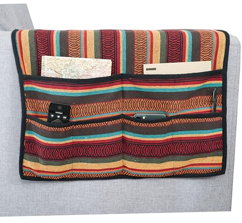 Colourful Sofa Side Hanging Storage Organizer, Handmade Remote Holder Couch Caddy with 6 Pockets (Brown Yellow Mix, One Size)