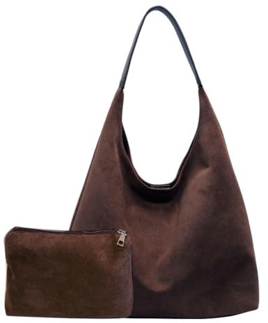 Fiorky Borsa a tracolla in pelle scamosciata da donna, borsa a tracolla in pelle scamosciata, grande capacità, borsa tote retrò alla moda con tasca, borsa hobo per università, lavoro, viaggi,