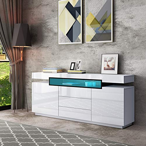 White Gloss Sideboard Cabinet Sideboard Storage Cabinet Cupboard for Living Room Dining Room LED TV Stand Unit with 2 Doors 3 Drawers 160cm