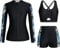 Kate Kasin Floral 3-Piece Swimwear Set Rash Guard Boyshorts & Zipper Shirt for Surfing and Water Sports Black-Green Leaves L