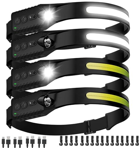 Lampada frontale a LED ricaricabile, confezione da 4, 500 lumen, USB-C, impermeabile IPX4, 5 modalità, faro leggero e regolabile, lunga durata e fascio largo per corsa, campeggio, escursionismo, pesca