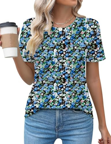 Cuptacc Tshirt Damen Sommer Rundhals Mit Falten Loceker Kurzarm 2025 Mode Tee Shirt Elegant Blumentop XX-Large Schwarz Blau Rosa Geblümt