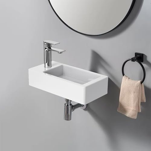 Hänge oder Aufsatzwaschbecken Gäste WC, Aufsatzbecken Waschbecken Bad, Kleines Mini Hängewaschbecken, Keramik Waschtisch Klein, Hahnloch Links, (360 x 190 x 110 mm)