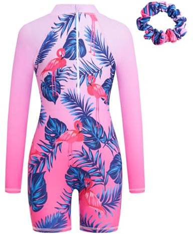 JiAmy Traje de baño de una pieza para niñas, traje de baño de manga larga con cremallera, protección solar UV, traje de baño de sirena con gorro de natación para niñas de 4 a 9 años, rosso, 5-6 años