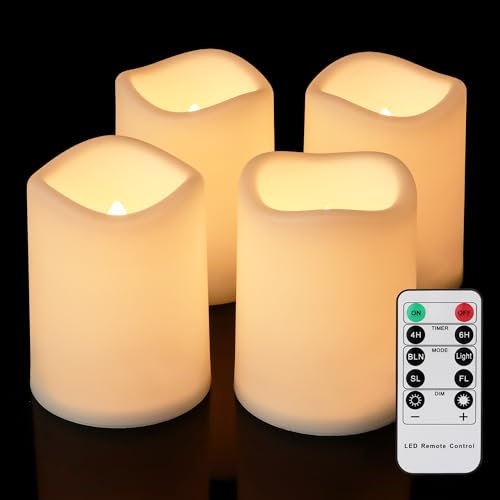 FREEPOWER 4er LED Kerzen Outdoor mit Fernbedienung und Timer - Batteriebetrieben - Flammenlose Stumpenkerzen Warmweiß Flackern - Kunststoff - Ø 7.5 x 10cm
