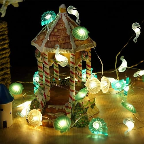 YeahBoom Lichterkette Meerestiere,5M 50LED Thema Meeresleben Lichterketten Batteriebetrieben,Seepferdchen Seestern Wellhornschnecken Muscheln Lichterkette,für Kinderzimmer Party Geburtstagsdeko