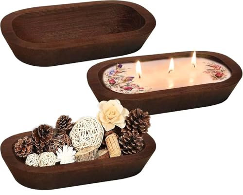 Phinicco 3 Pack 9.7in Dough Bowls for Candle Making Rustic Wooden Bowl Lightweight Candle Holder Empty Decorative Bowl (wicks included)