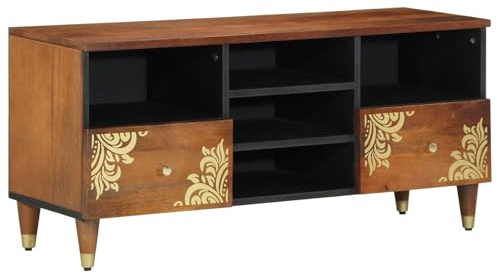 vidaXL 120 cm Solider Mangoholz & Schwarzer TV Schrank mit Goldenen Beinen | Modernes Medienregal für Das Wohnzimmer, Rechteckiges Entertainment Center mit Texturiertem Finish
