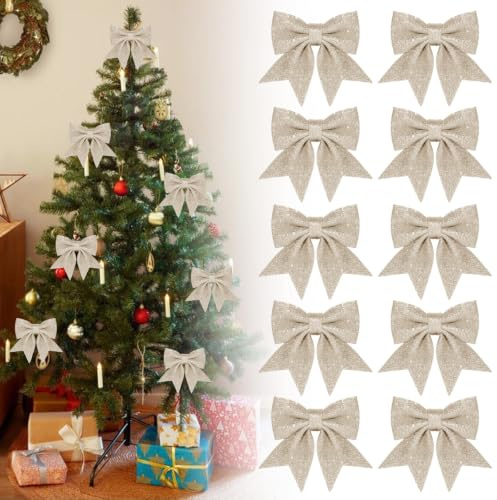 Filltown Champagner Weihnachtsschleifen, 10 Stück Champagner Schleifen Weihnachtsbaum Deko, Dekorative Glitzer Schleifen Weihnachtsbaum Schmuck für Weihnachtskranz Geschenke Deko