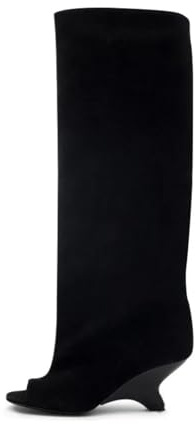 HUDFVIOI Stivali Alti da Donna Stivali alti fino al ginocchio con zeppa e punta aperta in camoscio marrone(Black,35)