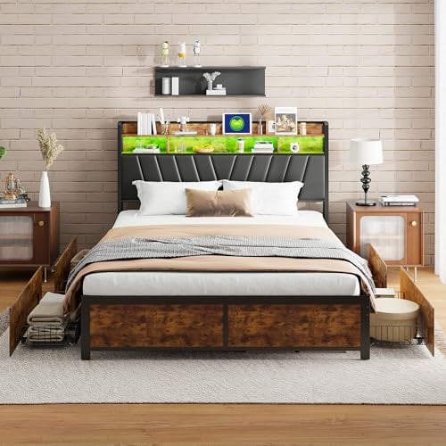 BRYXR Bett 160x200, Doppelbett aus Metall mit LED-Beleuchtung und Ladeeinheit, Polsterbett mit 4 Schubladen und Kopfteil aus PU, Jugendbett, Vintage Braun/Schwarz （Ohne Matratze）