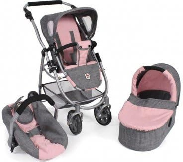Poussette Landau Cosy 3 en 1 pour Poupee et Poupon - Rose/Gris - poignee réglable 55 à 82 cm - avec Carte Tigre
