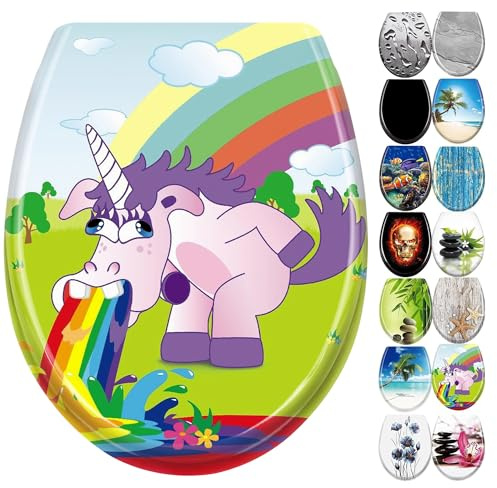 YZNAHRE WC-Sitz Toilettendeckel mit SoftClose 45x38cm Buntes Einhorn | Langlebig Polypropylen, kratzfest,antistatisch, schwer entflammbar, Soft-Close, ergonomische O-Form, leicht reinigen