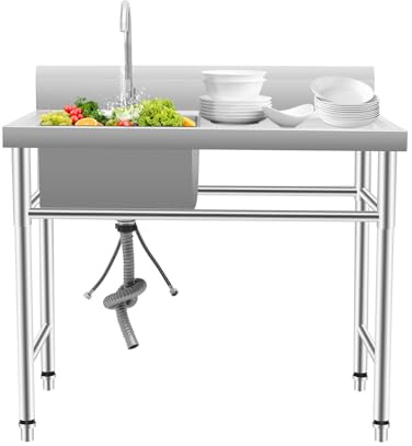 Fregadero de cocina de acero inoxidable independiente, fregadero de cocina comercial con grifo, fregadero de acero inoxidable para exteriores con tapa, carga 200 kg, 100 x 60 x 93 cm, para cocina y